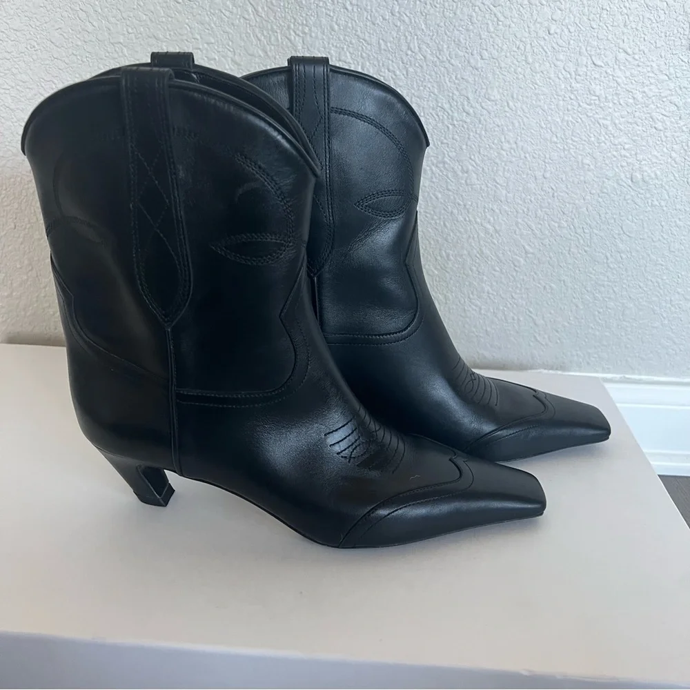 Khaite Dallas Black Leather Ankle Boots Bootie Size 37 Short Western - Picture 5 of 11